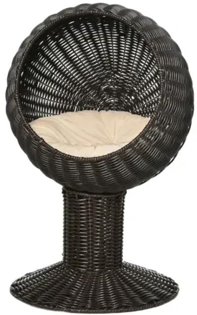 Rotatable Cat Retreat: 27" Coffee-Colored Woven Grass Egg Chair Pod