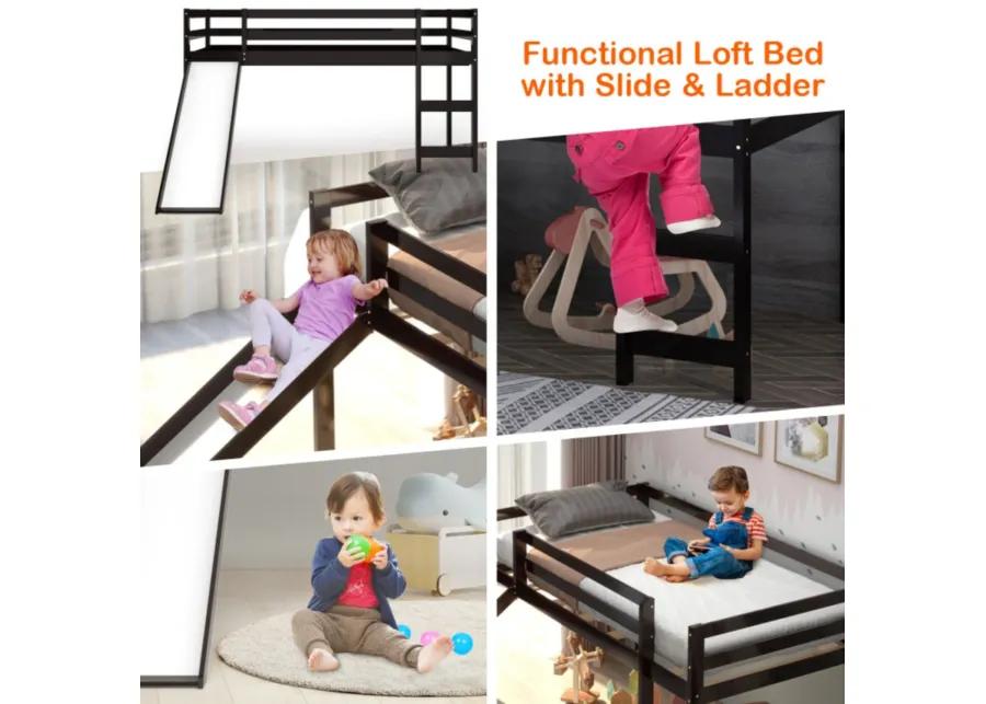 Twin Size Low Sturdy Loft Bed with Slide Wood