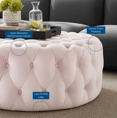 Amour Tufted Button Large Round Performance Velvet Ottoman