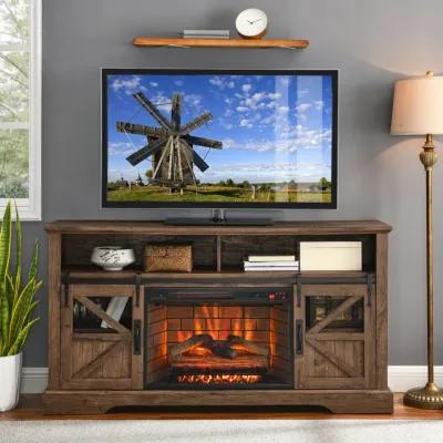 60 Inch Electric Fireplace Entertainment Center With Door Sensor-Reclaimed Barnwood Color