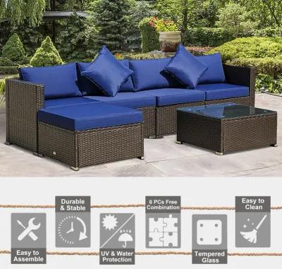 Blue Outdoor Lounge: 6PC Rattan Sofa Set with Coffee Table