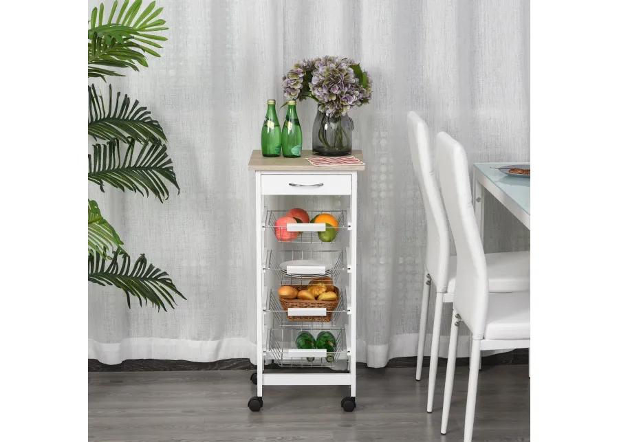 White Kitchen Cart: 32.25" Wooden Rolling Storage on Swivel Wheels