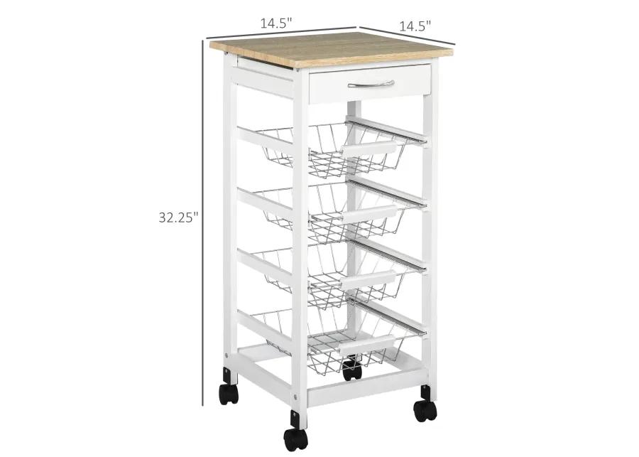 White Kitchen Cart: 32.25" Wooden Rolling Storage on Swivel Wheels