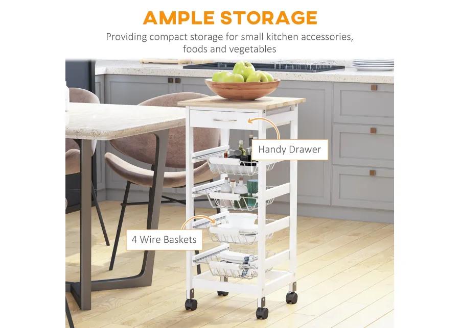 White Kitchen Cart: 32.25" Wooden Rolling Storage on Swivel Wheels