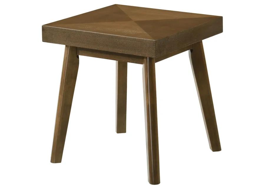 Layla End Table, 22 Inch Square Top, Diamond Parquet, Walnut Brown Wood - Benzara