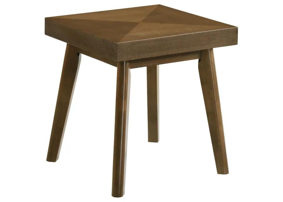 Layla End Table, 22 Inch Square Top, Diamond Parquet, Walnut Brown Wood - Benzara