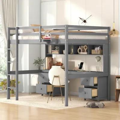 Full Size Loft Bed With Desk, Cabinets, Drawers And Bedside Tray, Charging Station