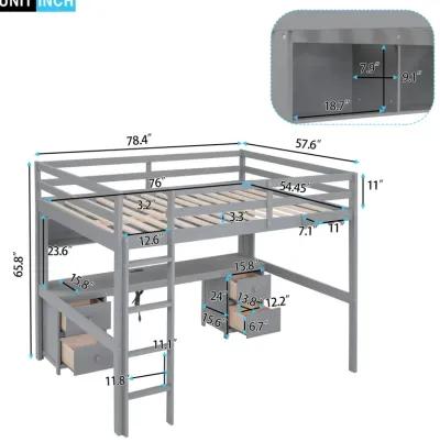 Full Size Loft Bed With Desk, Cabinets, Drawers And Bedside Tray, Charging Station