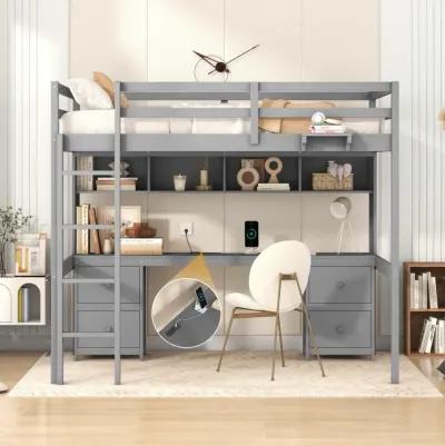 Full Size Loft Bed With Desk, Cabinets, Drawers And Bedside Tray, Charging Station