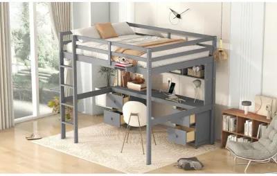 Full Size Loft Bed With Desk, Cabinets, Drawers And Bedside Tray, Charging Station