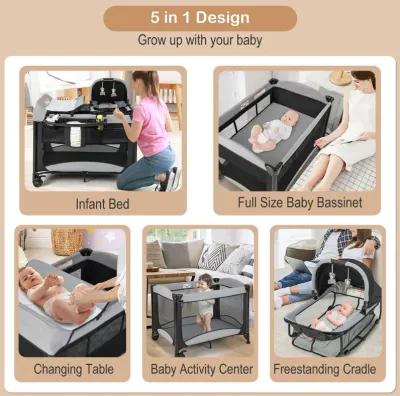 5-in-1 Portable Baby Playard with Cradle and Storage Basket