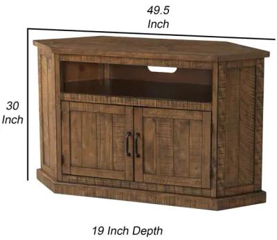 Alexa 50 Inch TV Corner Entertainment Console, Cubby, Cabinet, Brown Stained - Benzara