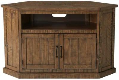 Alexa 50 Inch TV Corner Entertainment Console, Cubby, Cabinet, Brown Stained - Benzara