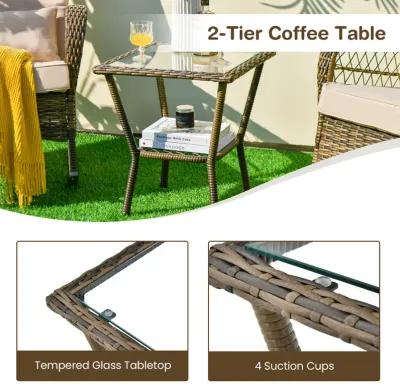 3 Pieces Outdoor Hand-Woven PE Rattan Conversation Set with Tempered Glass Side Table-Beige