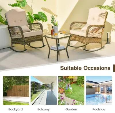 3 Pieces Outdoor Hand-Woven PE Rattan Conversation Set with Tempered Glass Side Table-Beige