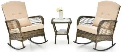 3 Pieces Outdoor Hand-Woven PE Rattan Conversation Set with Tempered Glass Side Table-Beige