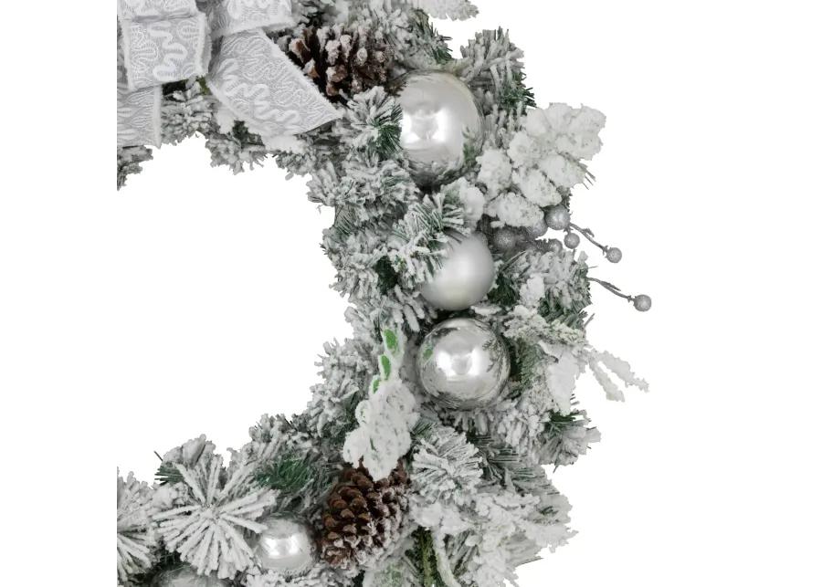 Glitter and Frosted Foliage Artificial Christmas Wreath with Bow  30-Inch  Unlit