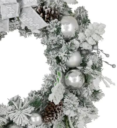 Glitter and Frosted Foliage Artificial Christmas Wreath with Bow  30-Inch  Unlit