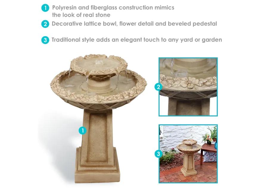 Sunnydaze Beveled Flower Polyresin Outdoor 2-Tier Bird Bath Fountain