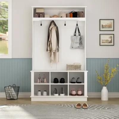 White Painted Hall Tree with Bench and Storage Cubbies