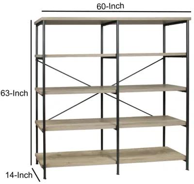 63 Inch Industrial 4 Tier Bookshelf, Particleboard, Metal Frame, Gray, Black