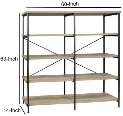 63 Inch Industrial 4 Tier Bookshelf, Particleboard, Metal Frame, Gray, Black