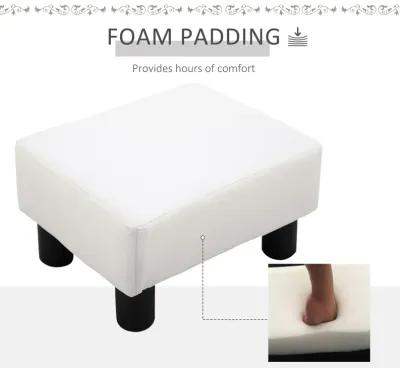 HOMCOM Ottoman Foot Rest, Small Foot Stool with Faux Leather Upholstery, Rectangular Ottoman Footrest with Padded Foam Seat and Plastic Legs, Bright White