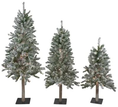 Set of 3 Pre-Lit Slim Flocked Alpine Artificial Christmas Trees 5' - Clear Lights