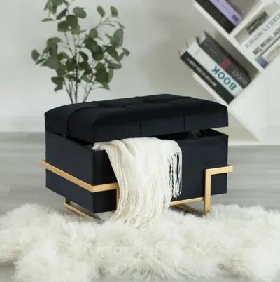 Rectangular Velvet Storage Ottoman with Gold Legs, Black