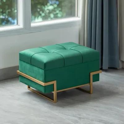 Rectangle Velvet Storage Ottoman Stool Box with Abstract Golden Legs | Decorative Sitting Bench for Living Room Home Decor with Unique Base Support (Green Small)