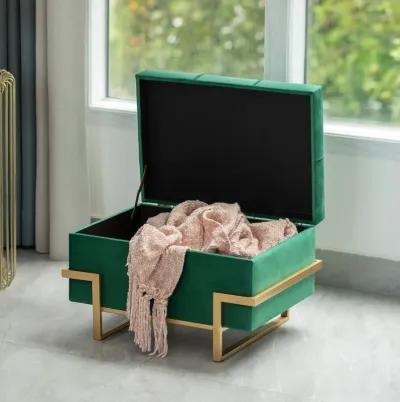 Rectangle Velvet Storage Ottoman Stool Box with Abstract Golden Legs | Decorative Sitting Bench for Living Room Home Decor with Unique Base Support (Green Small)