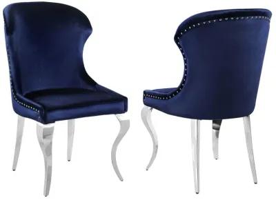 Cian 22 Inch Dining Chair, Curved, Cabriole Legs, Blue Velvet, Set of 2 - Benzara