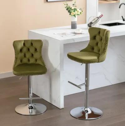 Swivel Velvet Barstools, Adjustable Height, Set of 2, Olive Green