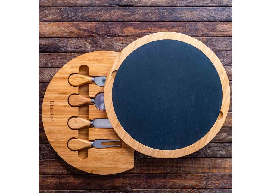 Round Bamboo Cheese Board with Knife Set and Removable Slate - 12 inch Swiveling Charcuterie Board