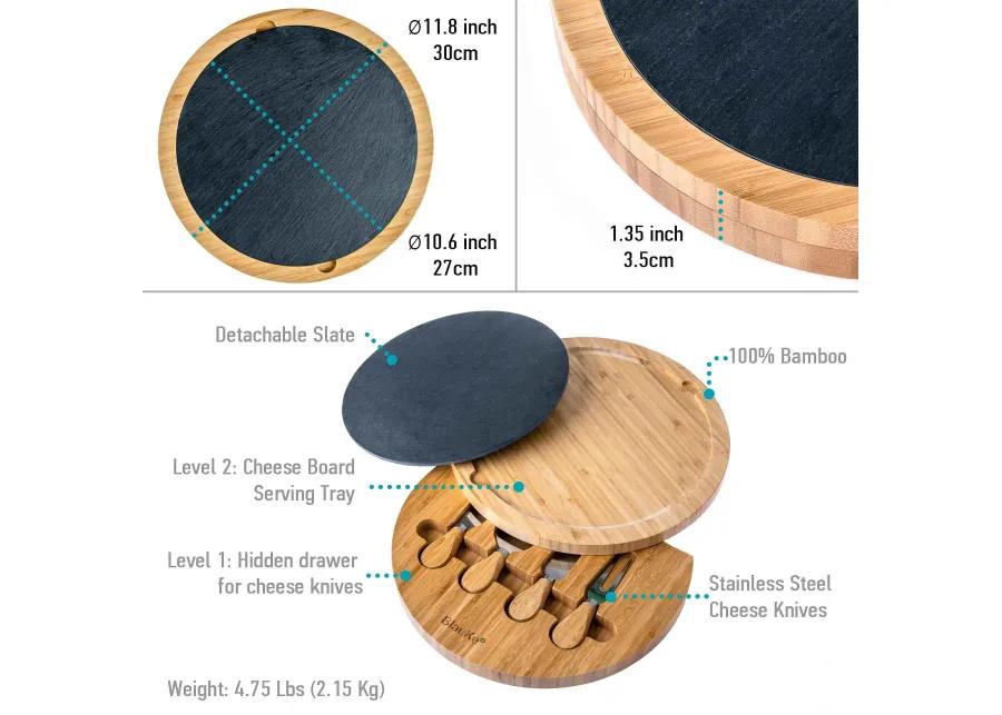 Round Bamboo Cheese Board with Knife Set and Removable Slate - 12 inch Swiveling Charcuterie Board