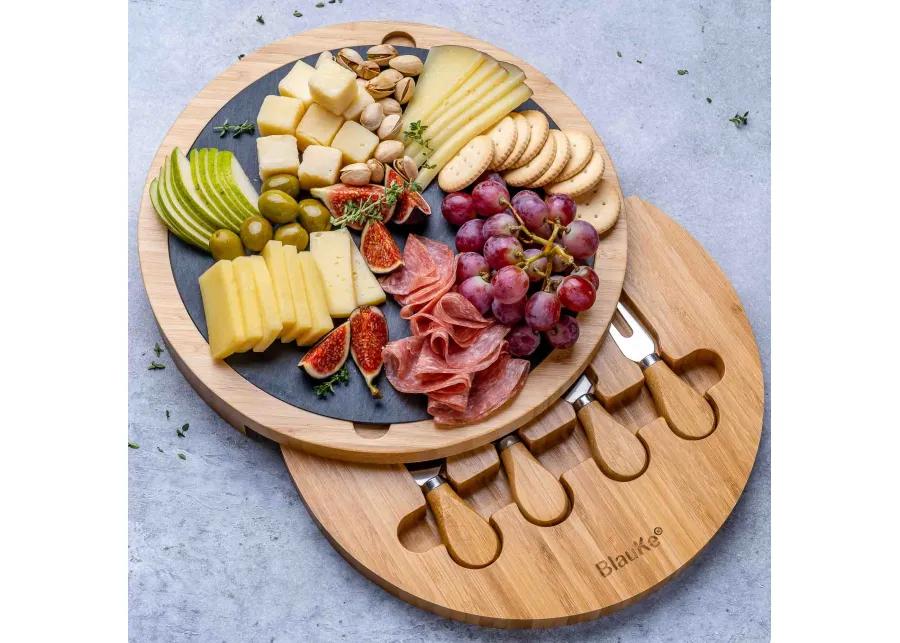 Round Bamboo Cheese Board with Knife Set and Removable Slate - 12 inch Swiveling Charcuterie Board