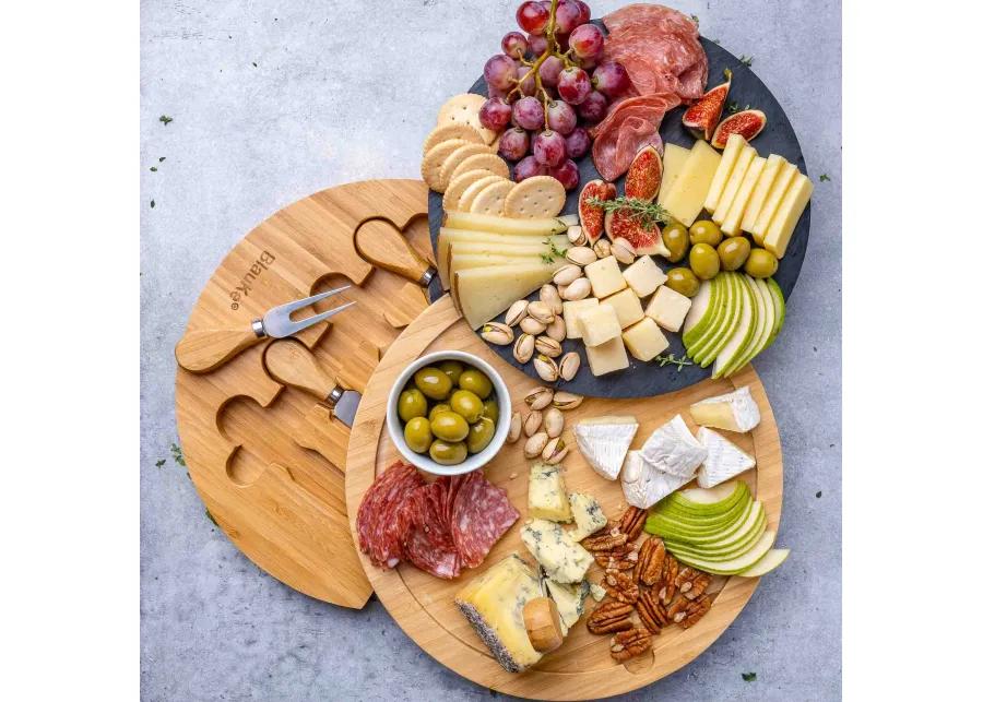 Round Bamboo Cheese Board with Knife Set and Removable Slate - 12 inch Swiveling Charcuterie Board