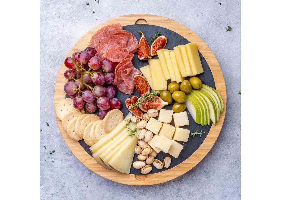 Round Bamboo Cheese Board with Knife Set and Removable Slate - 12 inch Swiveling Charcuterie Board