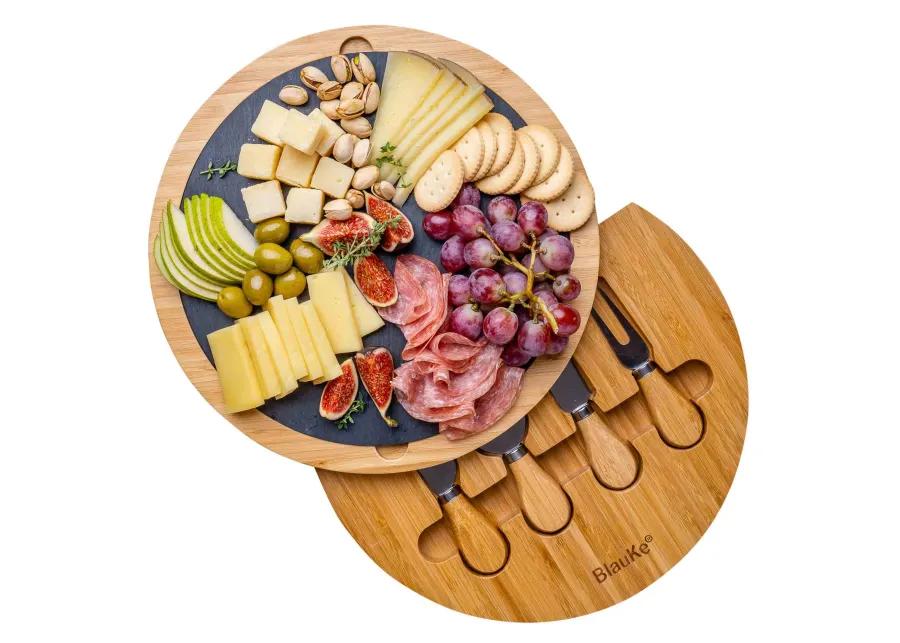 Round Bamboo Cheese Board with Knife Set and Removable Slate - 12 inch Swiveling Charcuterie Board