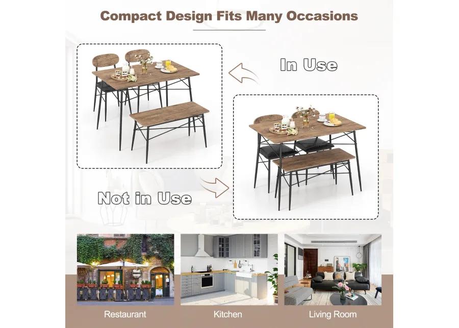 4 Piece Dining Table Set with Bench and 2 Chairs-Brown