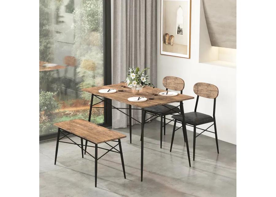 4 Piece Dining Table Set with Bench and 2 Chairs-Brown