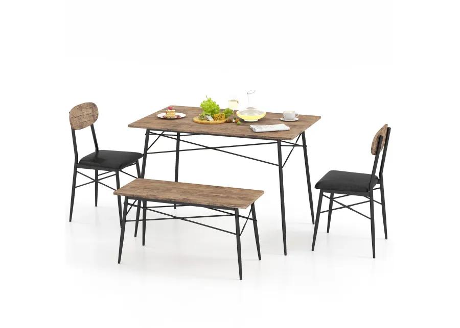 4 Piece Dining Table Set with Bench and 2 Chairs-Brown