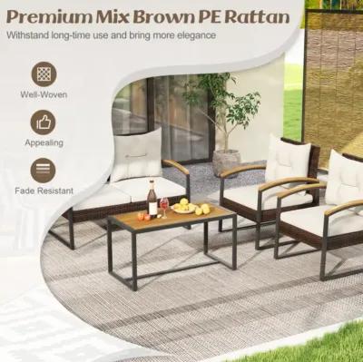 Hivvago 4 Pieces Patio Conversation Set with Acacia Wood Armrests and Tabletop and Cushions