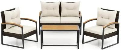 Hivvago 4 Pieces Patio Conversation Set with Acacia Wood Armrests and Tabletop and Cushions