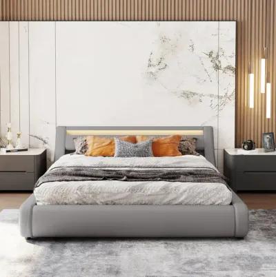 Upholstered PU Leather Platform Bed With A Hydraulic Storage System With LED Light Headboard