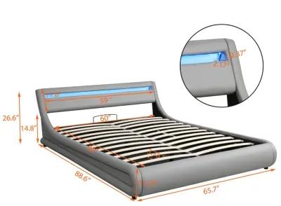 Upholstered PU Leather Platform Bed With A Hydraulic Storage System With LED Light Headboard