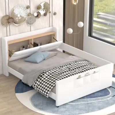 Full Size Upholstered Platform Bed With Guardrail, Storage Headboard And Footboard