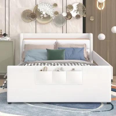 Full Size Upholstered Platform Bed With Guardrail, Storage Headboard And Footboard