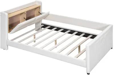 Full Size Upholstered Platform Bed With Guardrail, Storage Headboard And Footboard