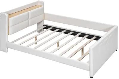 Full Size Upholstered Platform Bed With Guardrail, Storage Headboard And Footboard